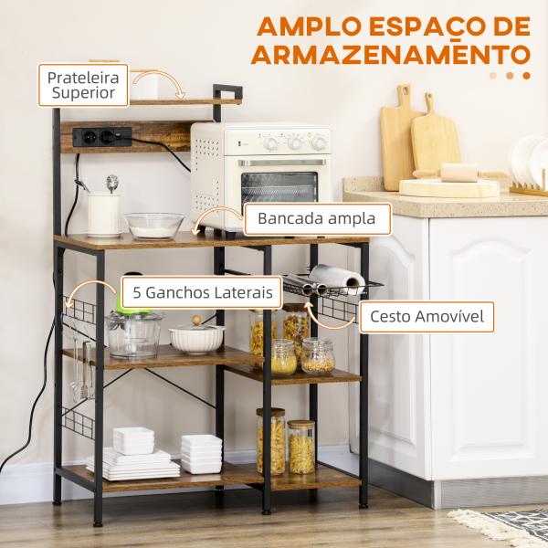 Estante de Cozinha com Ficha 2 Carregadores Prateleira Ajustável USB 5 Gancho em S e Cesta Amovível 90x42x130 cm Marrom Rústico