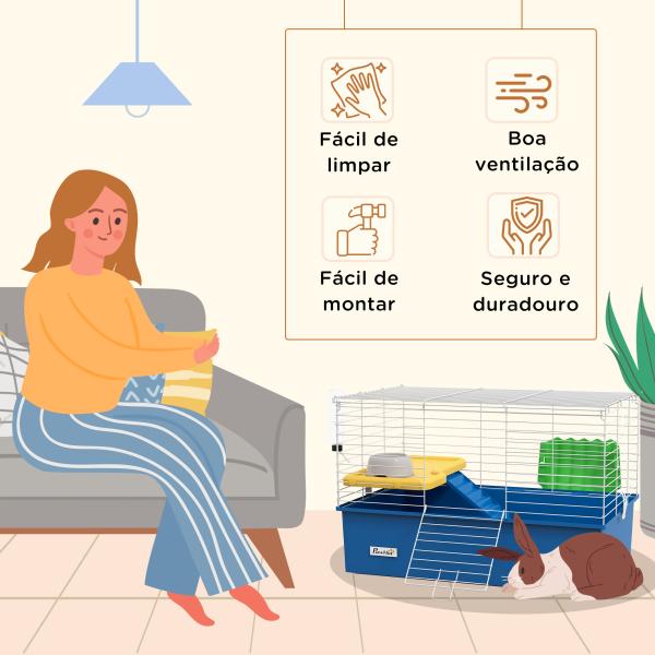Gaiola para Visons com Bandeja Gaiola para Animais Pequenos com Plataforma Rampa Comedouro e Bebedouro 71x46x47 cm Branco e Azul