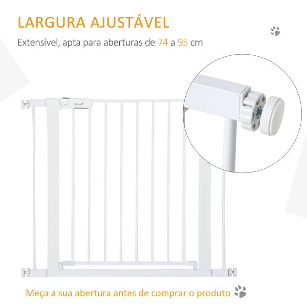 Barreira de Segurança para Cães Animais de Estimação 75 - 96cm para Escadas Portas e Corredores com Fechamento Automático Altura 76cm Branco