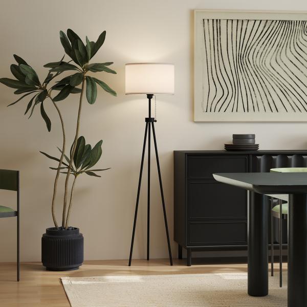 Candeeiro de Pé Moderno Candeeiro de Pé para Sala de Estar com Ecrã Redondo Tripé e Suporte para Lâmpada E27 Ø37x152 cm Branco e Preto