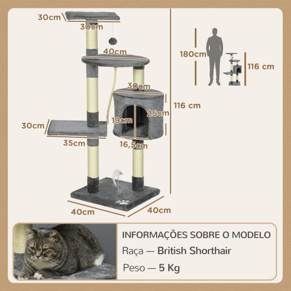 Arranhador para Gatos com 4 Níveis com Poste para Afiar as Garras Caverna Plataformas e Brinquedos 40x40x116 cm Cinzento Escuro