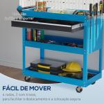 Carrinho de Ferramentas com 3 Bandejas e Gaveta Rodas com Travões Pega Lateral Painel Lateral Perfurado 82x35x76 cm Azul