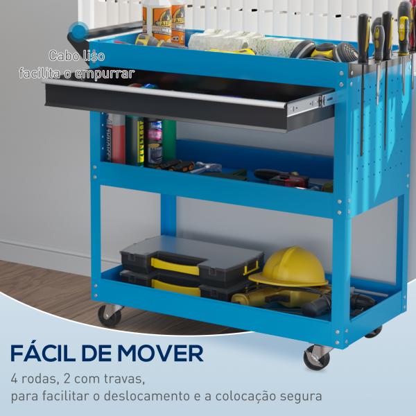 Carrinho de Ferramentas com 3 Bandejas e Gaveta Rodas com Travões Pega Lateral Painel Lateral Perfurado 82x35x76 cm Azul