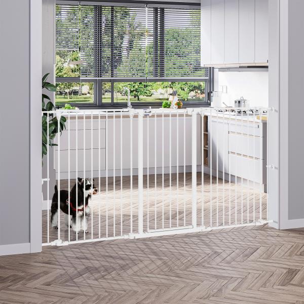 Barreira para Cães de Aço Barreira de Segurança para Animais de Estimação Dobrável de 3 Painéis Duplo Fechamento 206x90 cm Branco