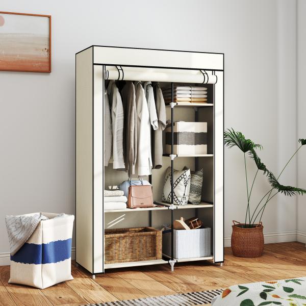 Roupeiro de Tecido Dobrável com 6 Prateleiras e 1 Barra de Pendurar para Dormitório Vestidor 103x43x162,5cm Creme
