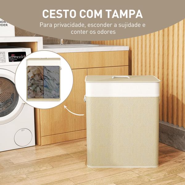 Cesto de Roupa com Tampa 100L de Bambu com 2 Compartimentos Bolsa Interior Amóvivel 52x32x63 cm Bege e Creme
