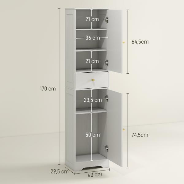 Coluna Casa de Banho com 2 Portas Arqueadas Gaveta e Prateleiras Ajustáveis Armário Alto Casa de Banho 40x29,5x170 cm Branco com Veios