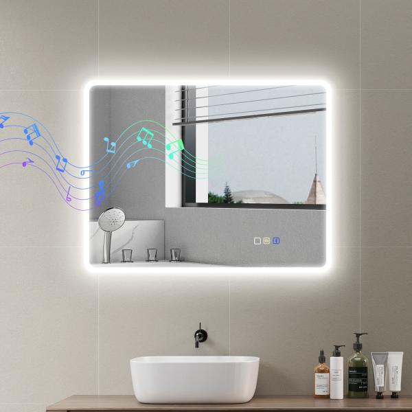 Espelho LED para Casa de Banho 90x70 cm com Bluetooth, 3 Tons de Luz, Antiembaciamento, Memória e IP44