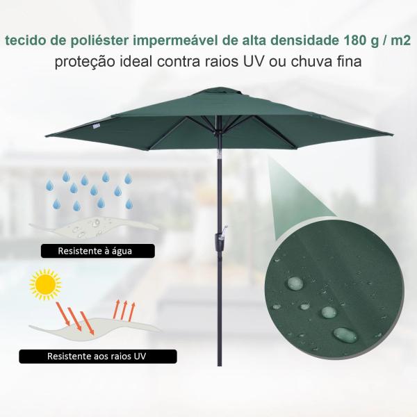 Chapéu de Sol de Jardim Ø270x235cm Chapéu de Sol de Alumínio Reclinável com Manivela e 6 Hastes para Terraço Exterior Balcão Verde