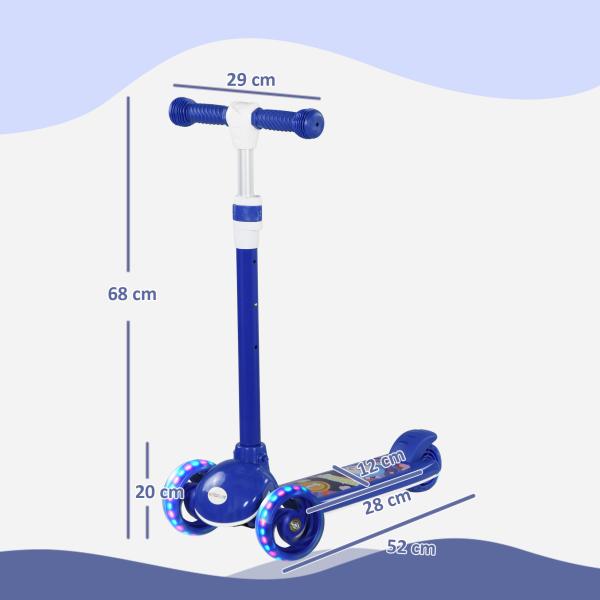 Trotinete para Crianças Trotinete com 3 Rodas LED Altura Ajustável Carga 25 kg 52x29x63 - 76 cm Azul