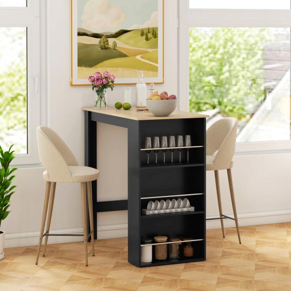 Mesa de Bar com 3 Prateleiras com Suporte Estilo Moderno para Cozinha Sala de Jantar 112x57x106 cm Preto e Madeira
