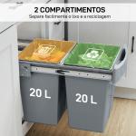 Balde do Lixo Sob o Balcão Balde do Lixo de Cozinha 2 Contentores de Reciclagem Removíveis 2 x 20 L 52x33,5x41 cm Cinzento