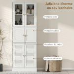 Armário de Casa de Banho Alto com Portas de Vidro Portas de Ripas e Prateleiras Ajustáveis 60x30x170 cm Branco