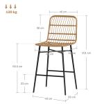Conjunto de 2 Bancos Altos de Cozinha Bancos de Bar com Encosto e Assento em Vime Sintético 43x56x101 cm Marrom Claro