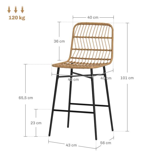 Conjunto de 2 Bancos Altos de Cozinha Bancos de Bar com Encosto e Assento em Vime Sintético 43x56x101 cm Marrom Claro