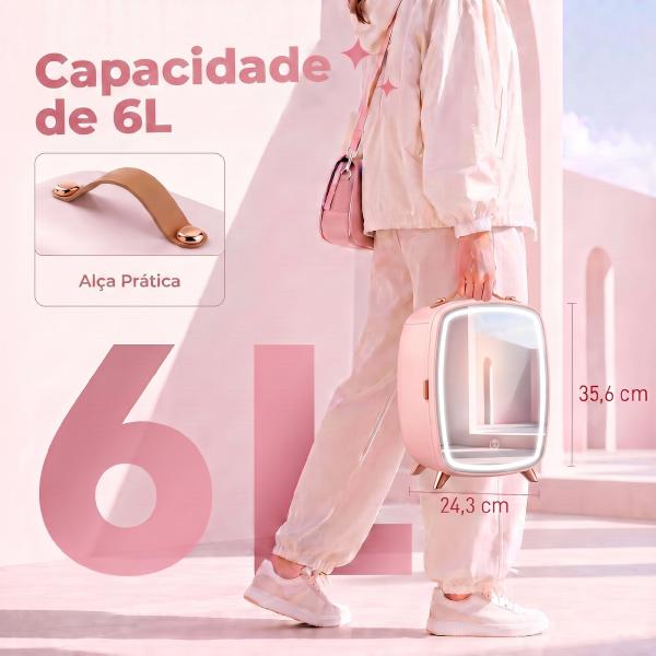 Mini Frigorífico para Cosméticos com 6 L, Porta com Espelho e Luzes LED Ajustáveis, Rosa, 24,3 x 19,4 x 35,6 cm