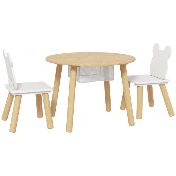 Mesa Infantil com 2 Cadeiras com Espaço de Arrumação para Crianças de 3 - 6 Anos para Sala de Jogos Dormitório Madeira e Branco
