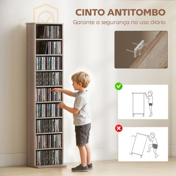 Estante para CDs e DVDs Suportes para CD Estreitos com 9 Compartimentos Prateleiras Ajustáveis 33x24x140 cm Madeira