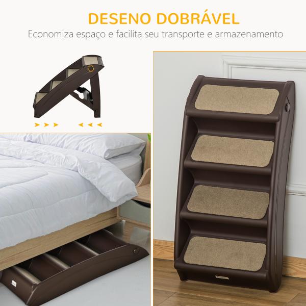 Escada Dobrável para Animais de Estimação de 4 Degraus Portátil com Tapetes Antiderrapantes 62x38x49,5cm Marrom Escuro