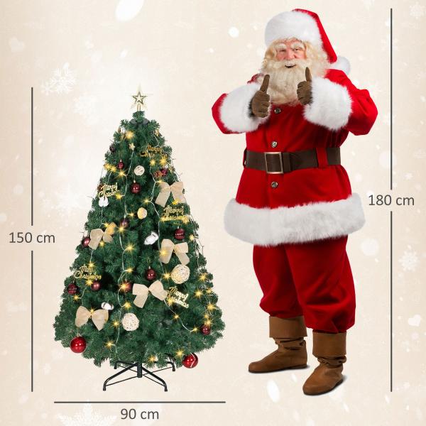 Árvore de Natal de 150 cm com Decorações 150 Luzes LED Branco Quente 8 Modos de Iluminação e 480 Ramos Verde