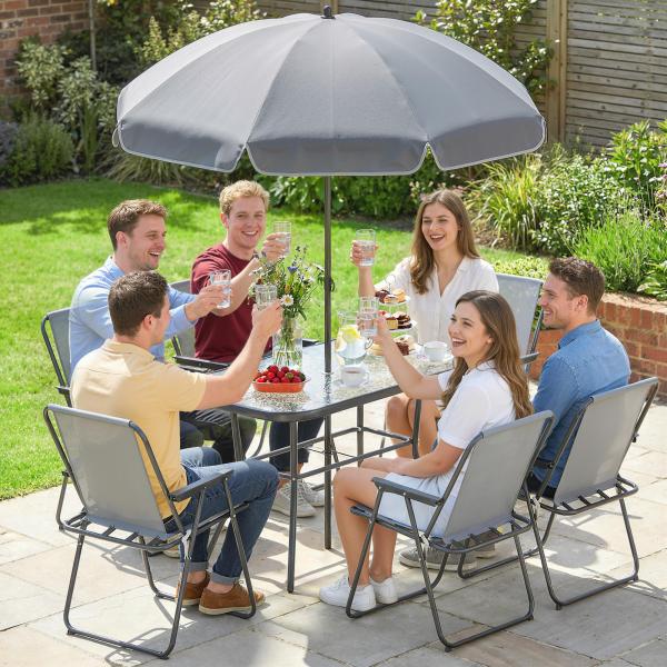 Conjunto de Mesa e Cadeiras de Jardim de 8 Peças com Chapéu de Sol 6 Cadeiras Dobráveis e Mesa de Vidro Cinza
