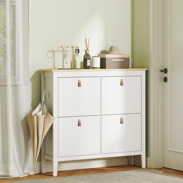 Sapateira para Entrada com 4 Gavetas Prateleiras Ajustáveis e Puxadores em PU para 20 Pares de Sapatos 105x24x95,5 cm Branco