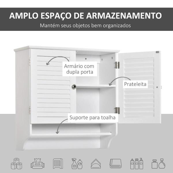 Armário Casa de Banho de Parede com 2 Portas de Persiana Prateleira Interior e Barra para Toalhas Móvel Auxiliar Suspenso Moderno Multiuso para Cozinha 60x23x60cm Branco
