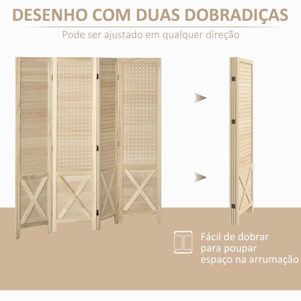 Biombo de 4 Painéis Separador de Ambientes Dobrável 152x1,7x144,5 cm Painéis com Orifícios para Pendurar Madeira