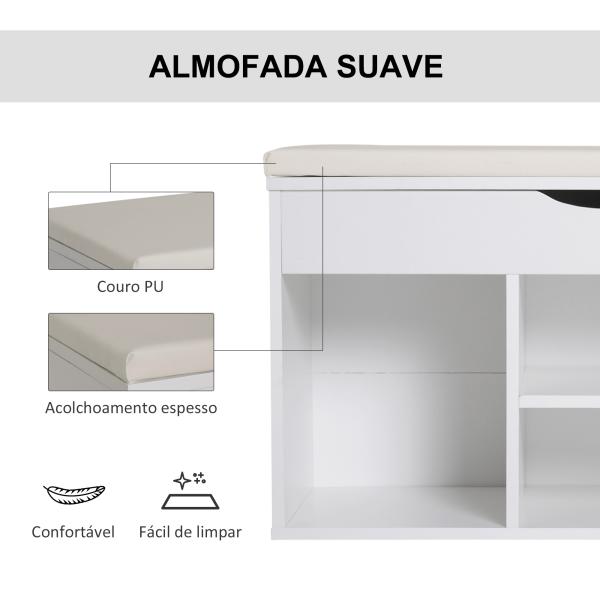 Banco Sapateira com Armazenamento Gaveta Prateleira e Assento Acolchoado para Entrada Estilo Moderno 80x30x47cm Branco