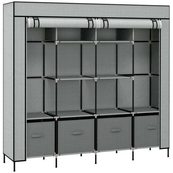 Roupeiro de Tecido com 10 Compartimentos 2 Trilhos Suspensos e 4 Gavetas de Tecido 166x42,5x169,5 cm Cinza Escuro