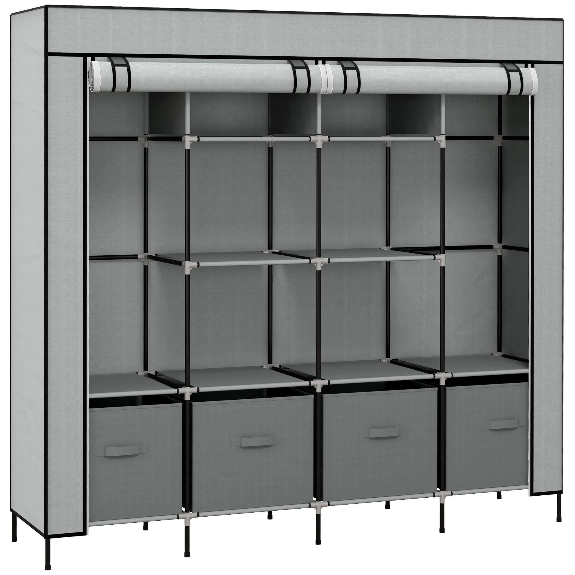 Roupeiro de Tecido com 10 Compartimentos 2 Trilhos Suspensos e 4 Gavetas de Tecido 166x42,5x169,5 cm Cinza Escuro