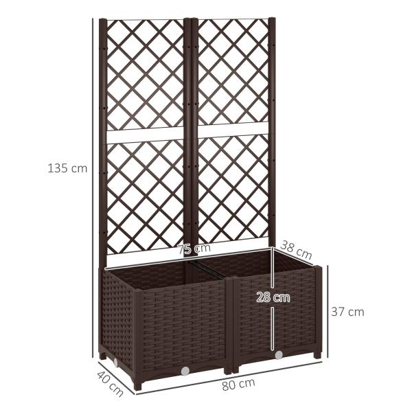 Floreira com Treliça de PP com Drenagem e Amplo Espaço para Plantas Trepadoras Vaso com Suporte para Jardim 80x40x135 cm Marrom