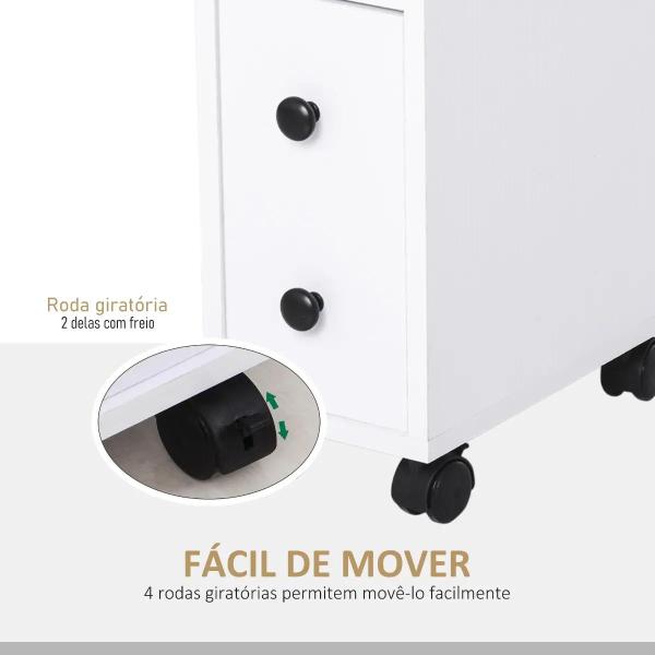 Armário de Casa de Banho Móvel Auxiliar para Espaço Reduzido com Rodas Prateleiras Abertas Armário e Gaveta 18x30x68,5cm Branco