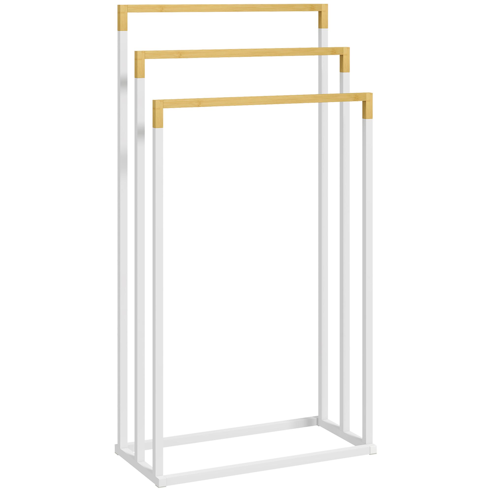 Toalheiro de Pé de 3 Níveis em Forma de Escada com 3 Barras de Bambu e Estrutura de Aço 45x22,5x86 cm Branco e Madeira