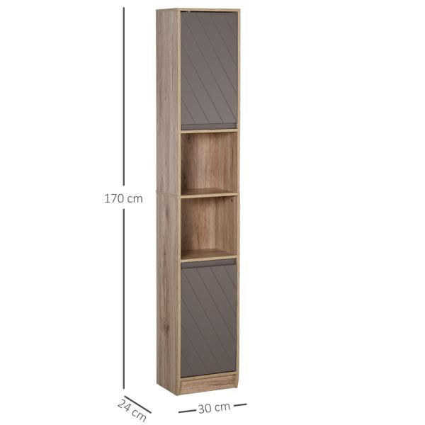 Armário Alto para Banheiro com 2 Portas e 2 Prateleiras Abertas Móveis Auxiliares para Sala de Estar Corredor 30x24x170 cm Carvalho e Cinza