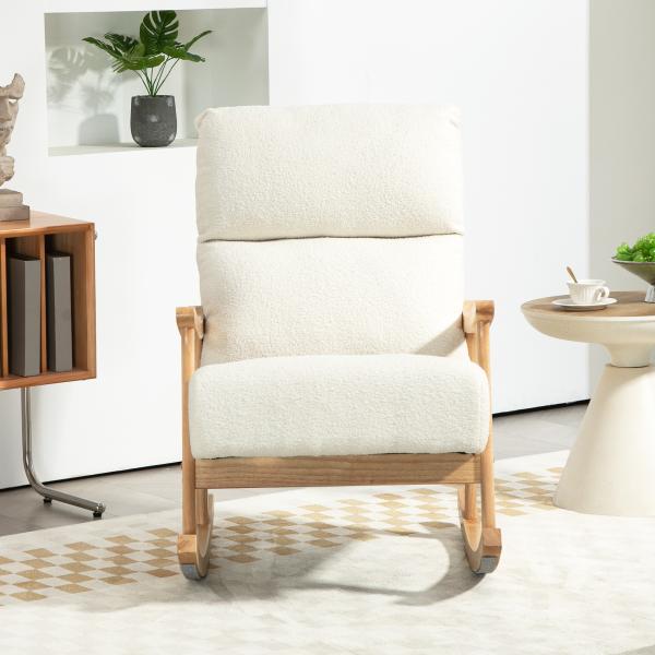Poltrona Baloiço Moderna em Borrego com Apoio para os Braços de Madeira de Faia Poltrona de Amamentação 65x90x98 cm Creme
