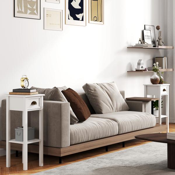 Conjunto de 2 Mesas Auxiliares Mesas de Cabeceira com Gaveta e Prateleira de Armazenamento para Quarto 30x30x75 cm Branco