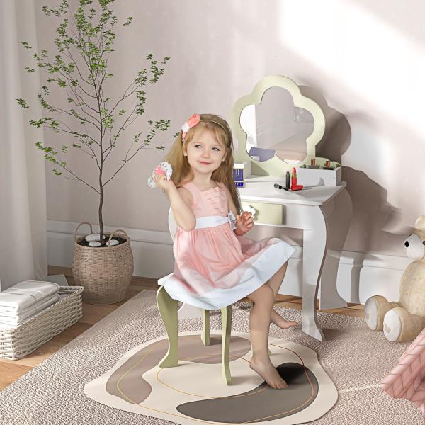 Toucador Crianças com Espelho e Banco Toucador de Maquilhagem para Crianças de 3 - 6 Anos 55x34x87,5 cm Branco e Verde Pastel