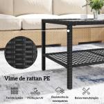 Mesa de Centro de Jardim em Ratã com Prateleira e Tampo de Vidro Temperado, Estrutura de Aço, 92x50x45 cm, Preto