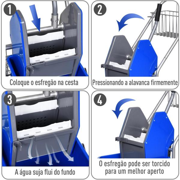 Carro de Limpeza Balde para Esfregona com Escorredor a Pressão Rodas e Cesto de Armazenamento Capacidade 26L 73x45x95 cm Azul