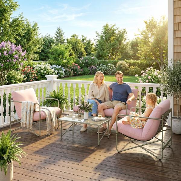 Conjunto de Jardim de 4 Peças com Sofá de 2 Lugares 2 Poltronas Mesa de Vidro Temperado e Almofadas Grossas para Terraço Rosa