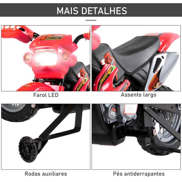 Mota Elétrica para Crianças Bateria 6V para Crianças acima de 3 Anos com Rodas de Apoio 102x53x66 cm Vermelho e Preto