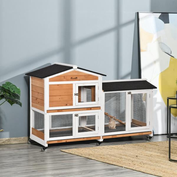 Casota para Coelhos Exterior 157,4x53x99,5 cm Jaula Grande com Rodas, Telhado Asfáltico, Tabuleiros Removíveis e Rampa Natural