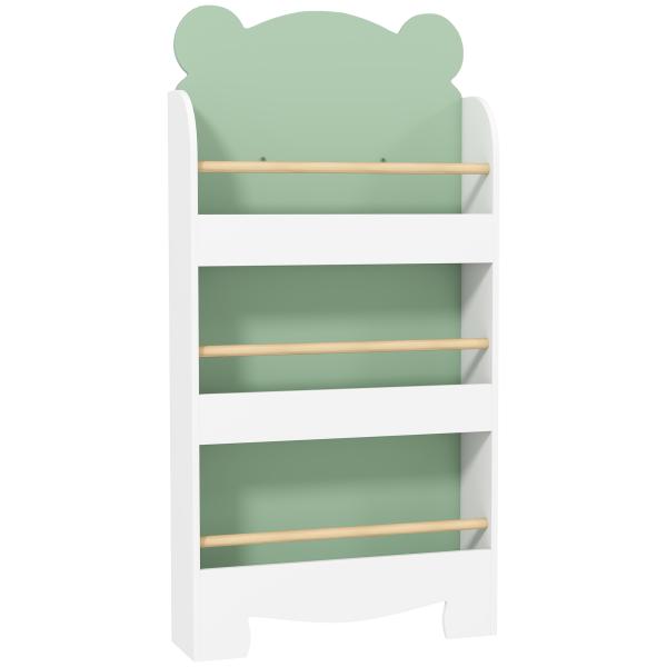 Estante Infantil 3 Níveis Design de Ursinho Cantos Arredondados e Barreiras de Segurança para Livros e Brinquedos Verde