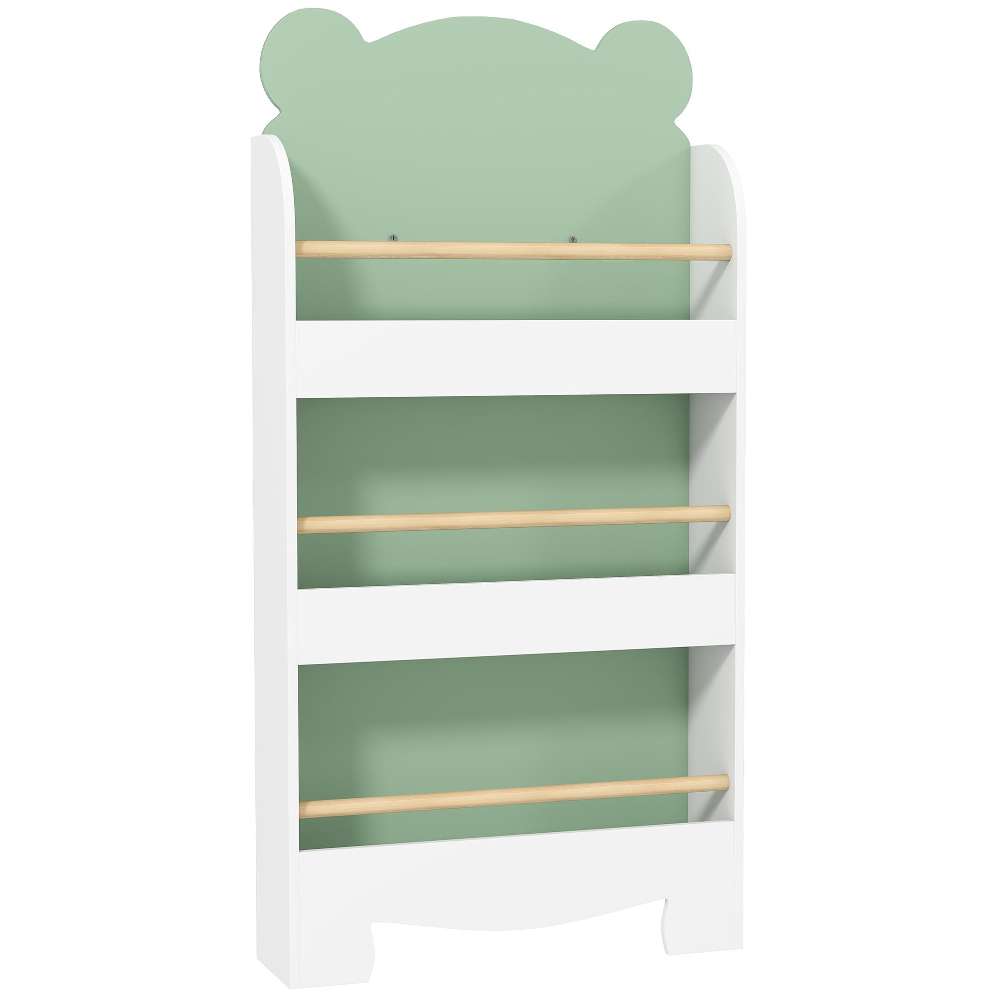 Estante Infantil 3 Níveis Design de Ursinho Cantos Arredondados e Barreiras de Segurança para Livros e Brinquedos Verde