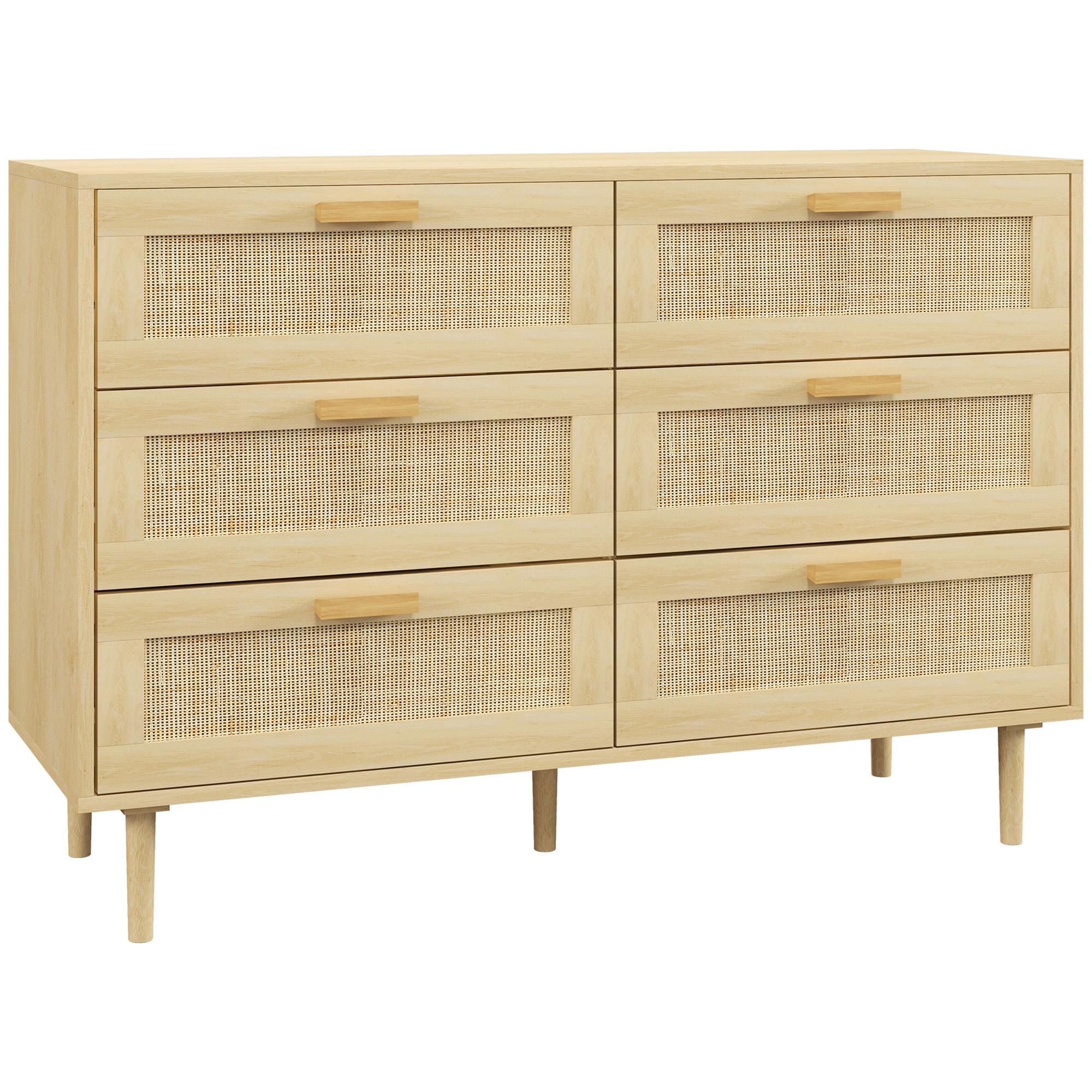 Cómoda para Quarto com 6 Gavetas e Frontal de Vime Pés de Madeira Estilo Bohemio 110x40x75 cm Madeira