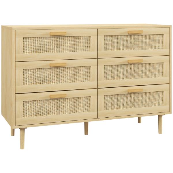 Cómoda para Quarto com 6 Gavetas e Frontal de Vime Pés de Madeira Estilo Bohemio 110x40x75 cm Madeira