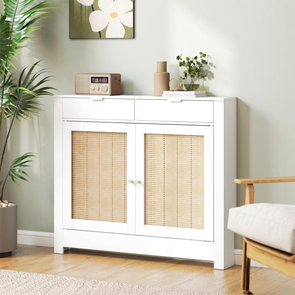 Cobertura para Radiador com Portas Rebatíveis e Vime Proteção Radiador de MDF 111x19x95,5 cm com Compartimento Desenho Boémio Branco