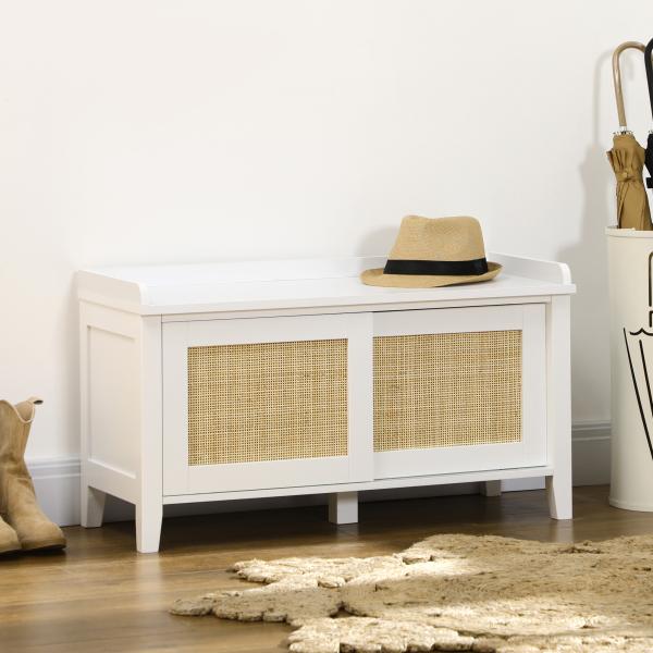 Banco Sapateira com 2 Portas de Vime Estilo Boémio Carga Máxima 130 kg para Corredor Entrada 80x35x45 cm Branco e Bege