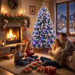 Árvore de Natal 180 cm com 350 Luzes LED, 11 Modos, Comando à Distância, 1020 Pontas, Base Metálica Dobrável, Verde